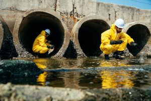 Team of environmental researchers in yellow hazmat suits collects toxic water samples from industrial concrete drainage culverts to monitor pollution levels and chemical safety